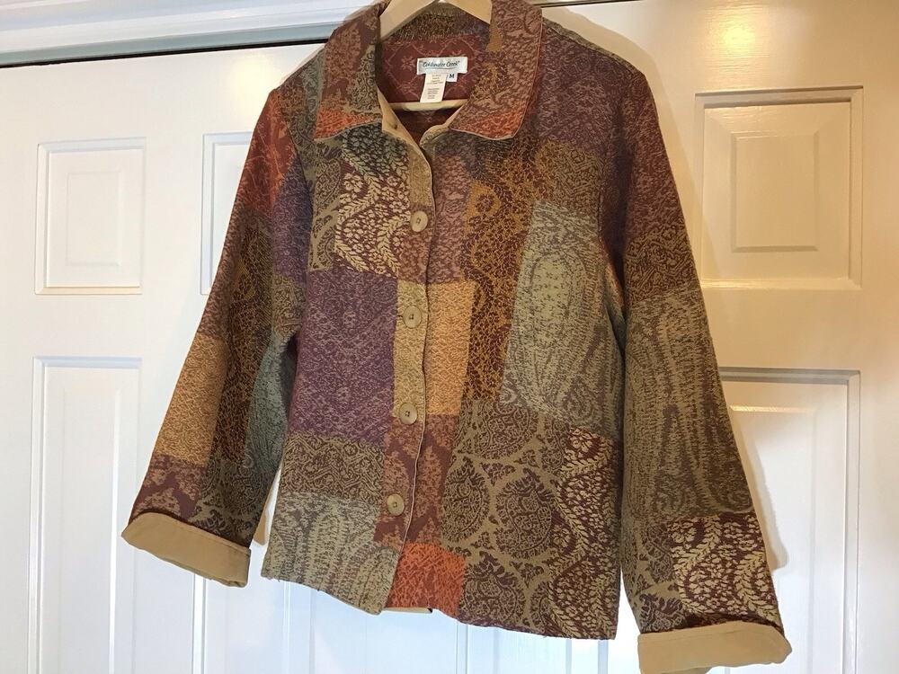 Coldwater Creek Chore Jacket Woven Tapestry Patchwork Boho Artsy Granny Sz M